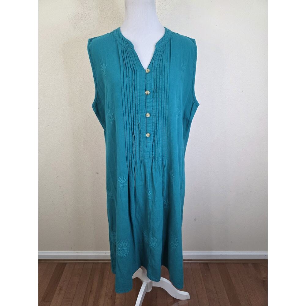 Vintage 90s Eucalyptus Button Down Sleeveless Embroidered Shift Dress Cotton L